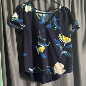 LOFT Navy Floral Blouse with Yellow and Blue Accents